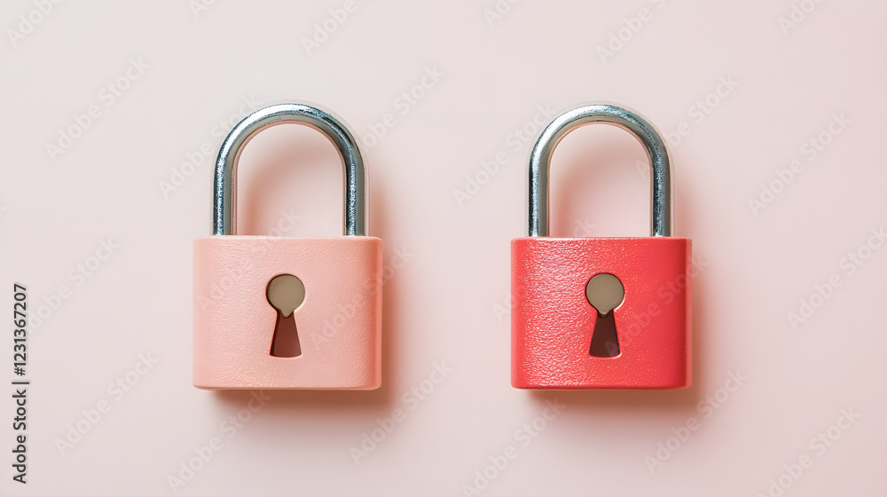 Two colorful padlocks, one pink and one reddish, sit side by side on a soft pink background, symbolizing security and protection Two colorful padlocks, one pink and one reddish, sit side by side on a soft pink background, symbolizing security and protection