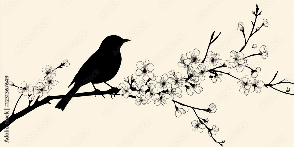 Fototapeta premium Silhouette Bird on Blooming Branch