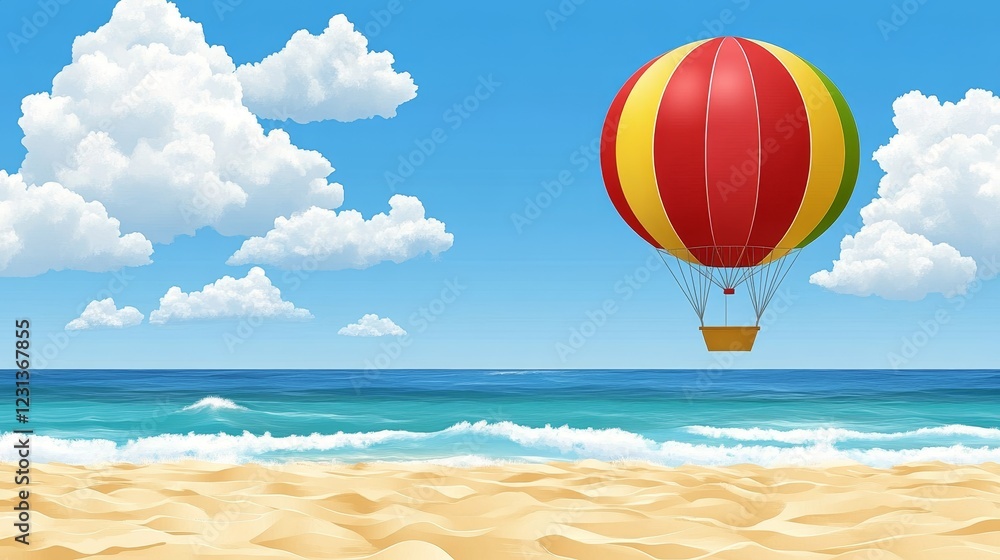 A vibrant hot air balloon floats serenely over a tranquil beach under a bright blue sky A vibrant hot air balloon floats serenely over a tranquil beach under a bright blue sky