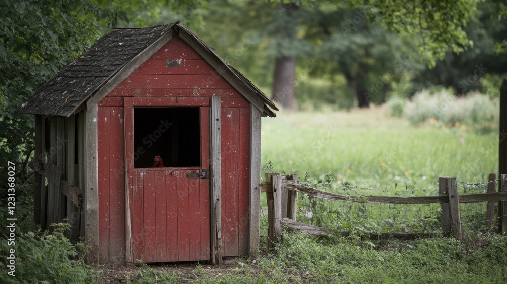 A small red house with a wooden fence and a gate A small red house with a wooden fence and a gate