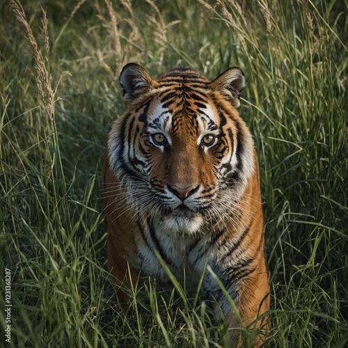 A tiger-like feline stalking through tall grass, eyes locked on its prey. photo