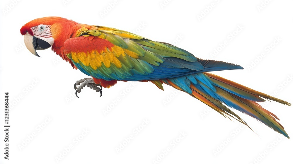 Fototapeta premium Colorful macaw parrot with vibrant feathers isolated on white background, ideal for tropical and exotic design projects.