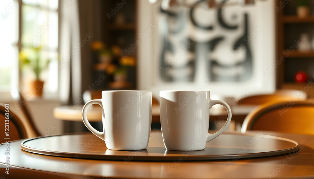 Elegant sleek mug mockup set on a dining room table, ideal for showcasing branding, logos, or custom designs Elegant sleek mug mockup set on a dining room table, ideal for showcasing branding, logos, or custom designs