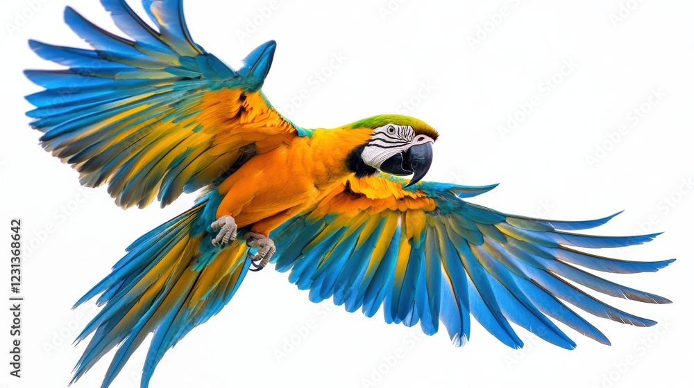 Fototapeta premium Colorful macaw parrot with vibrant feathers isolated on white background, ideal for tropical and exotic design projects.