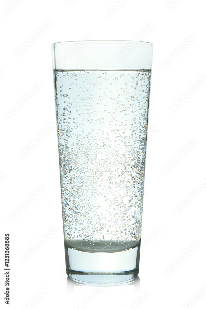 Refreshing soda water in glass on mirror surface isolated on white Refreshing soda water in glass on mirror surface isolated on white