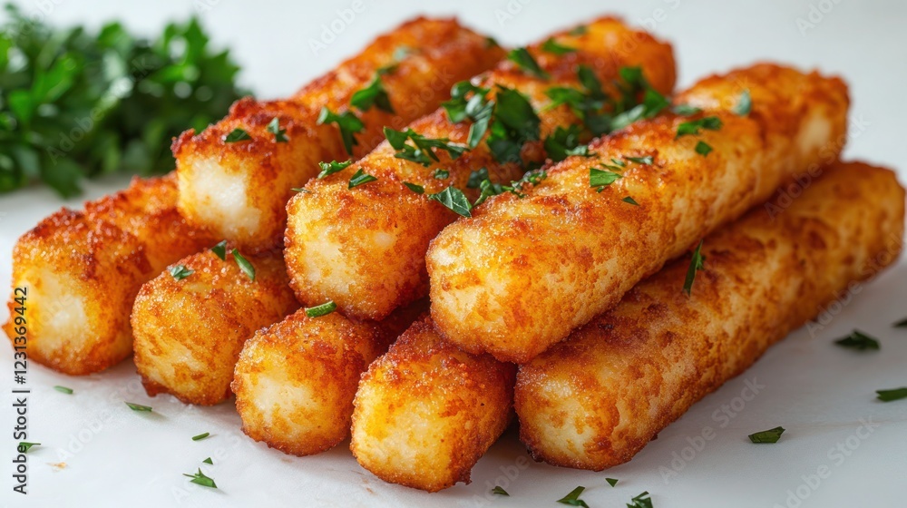 a delicious serving of crispy mozzarella sticks garnished with chopped parsley a delicious serving of crispy mozzarella sticks garnished with chopped parsley