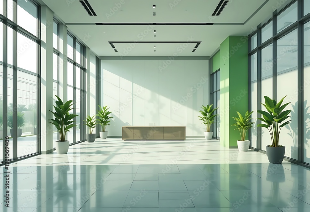 Fototapeta premium Modern office lobby with large windows and plants