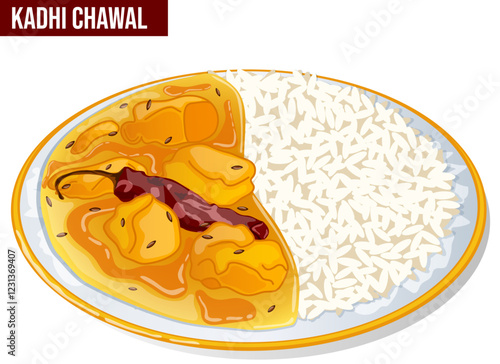 Kadhi Chawal Plate with Pakoras - Indian Curry Rice Illustration Isolated