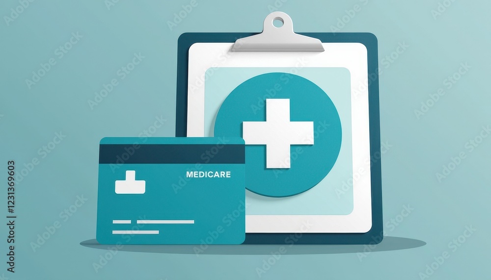 Modern Illustration: Medicare Card, Clipboard & Plus Sign on Blue Background Modern Illustration: Medicare Card, Clipboard & Plus Sign on Blue Background
