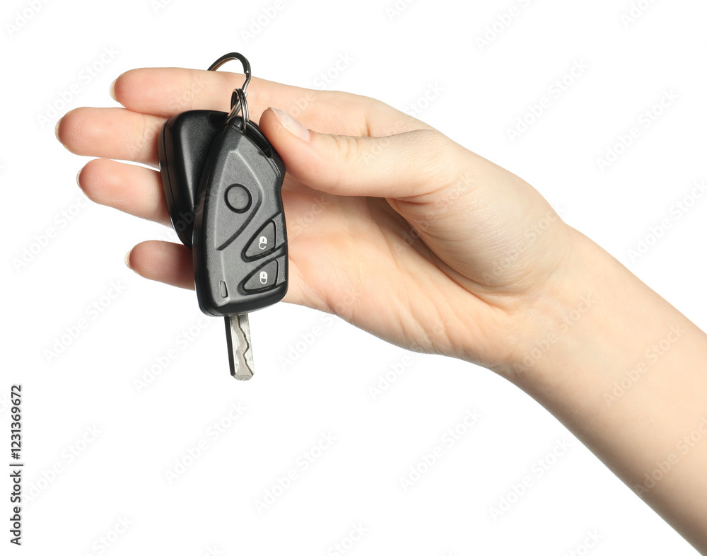 Woman with car keys on white background, closeup Woman with car keys on white background, closeup