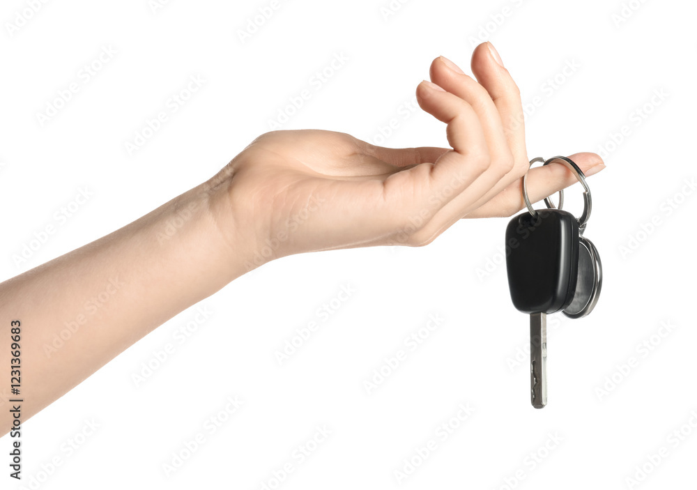 Woman with car key and keychain on white background, closeup Woman with car key and keychain on white background, closeup
