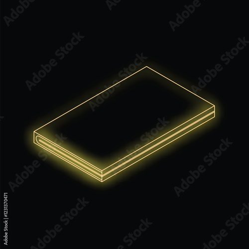 Minimalist yellow neon book icon glowing on a black background