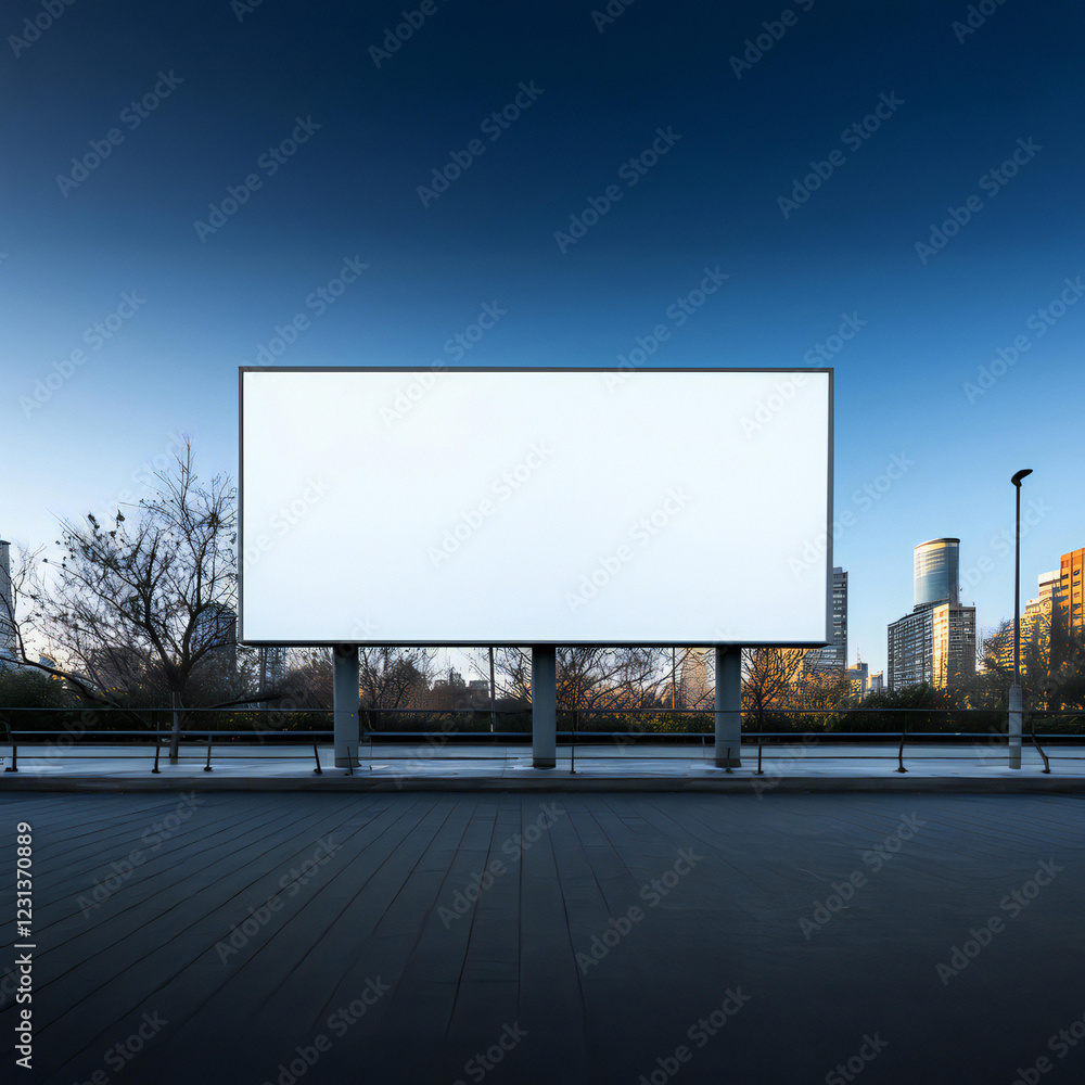 Blank Billboard on a Wet City Street with Skyscrapers in the Background, Ideal for Advertising Mockups Blank Billboard on a Wet City Street with Skyscrapers in the Background, Ideal for Advertising Mockups