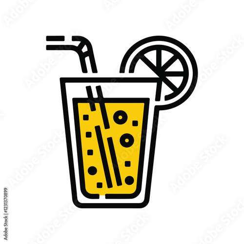 Minimalist Vector Beverage Icon: Tall Glass with Citrus Slice, Bubbles, and Straw - Bold Lines, Modern Drink Design for Refreshment Branding