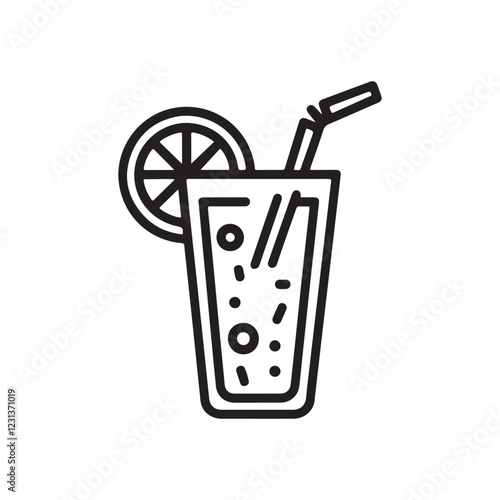 Minimalist Vector Beverage Icon: Tall Glass with Citrus Slice, Bubbles, and Straw - Bold Lines, Modern Drink Design for Refreshment Branding