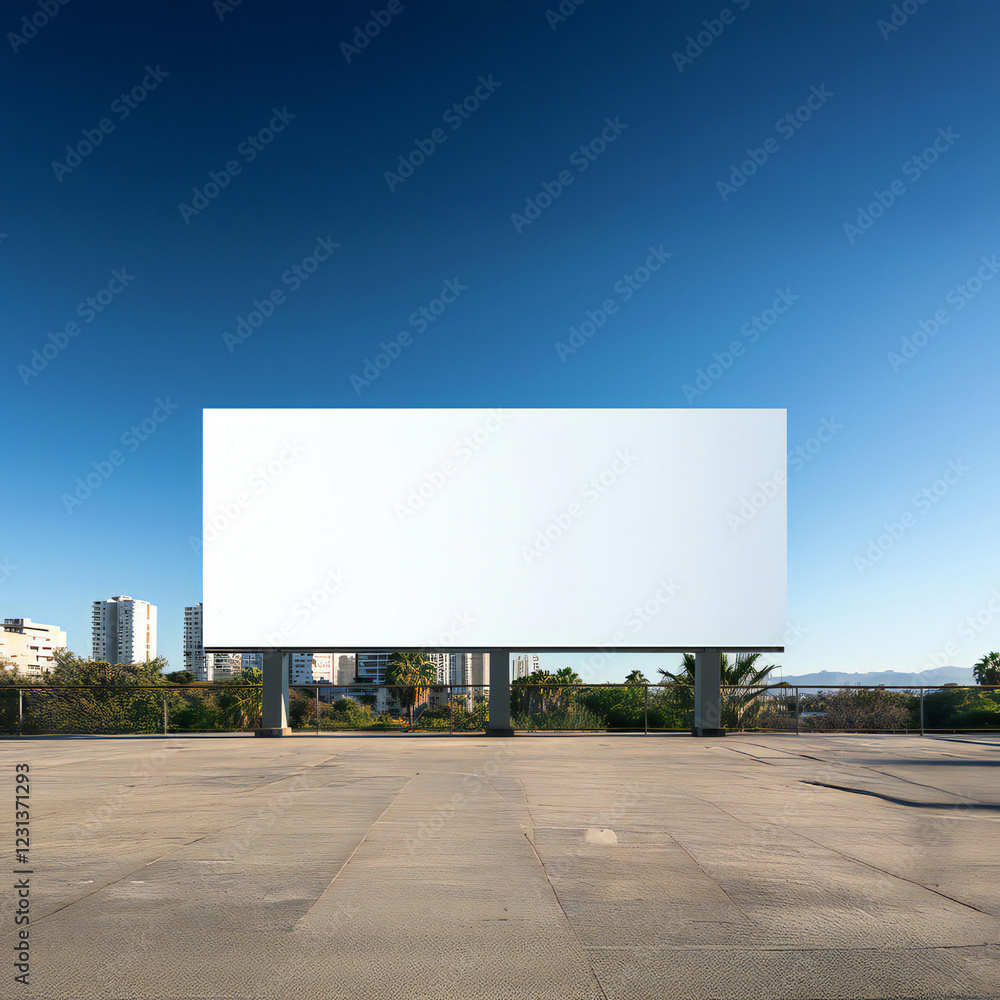 Fototapeta premium Blank Billboard on a Wet City Street with Skyscrapers in the Background, Ideal for Advertising Mockups