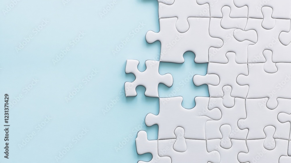 White Jigsaw Puzzle Pieces on Blue Background White Jigsaw Puzzle Pieces on Blue Background
