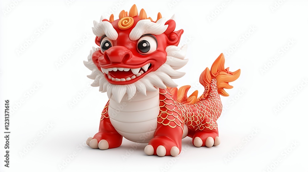Playful Red and White Dragon Figurine A Cute 3D Rendered Design Playful Red and White Dragon Figurine A Cute 3D Rendered Design