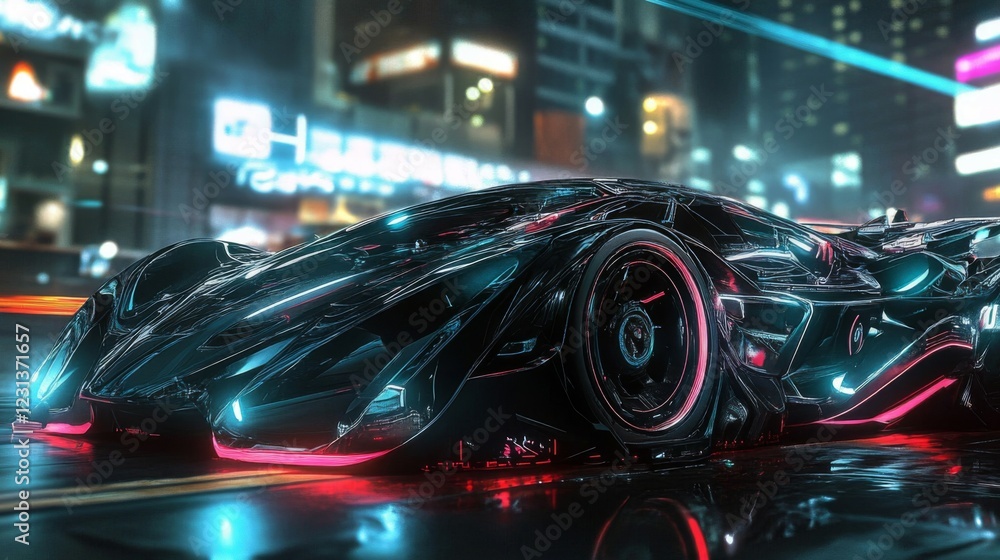 Futuristic Glowing Car in Neon City at Night Futuristic Glowing Car in Neon City at Night
