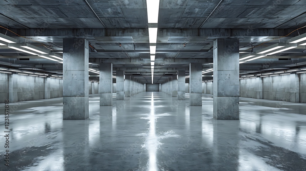 Interior of empty underground parking with concrete columns