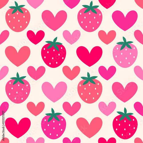 Cute hand drawn strawberry and heart seamless pattern design for Valentine's Day background.