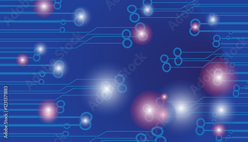 Abstract futuristic technology network background with glowing blue lines and nodes on dark background, connecting geometric shapes and data points for innovation concepts