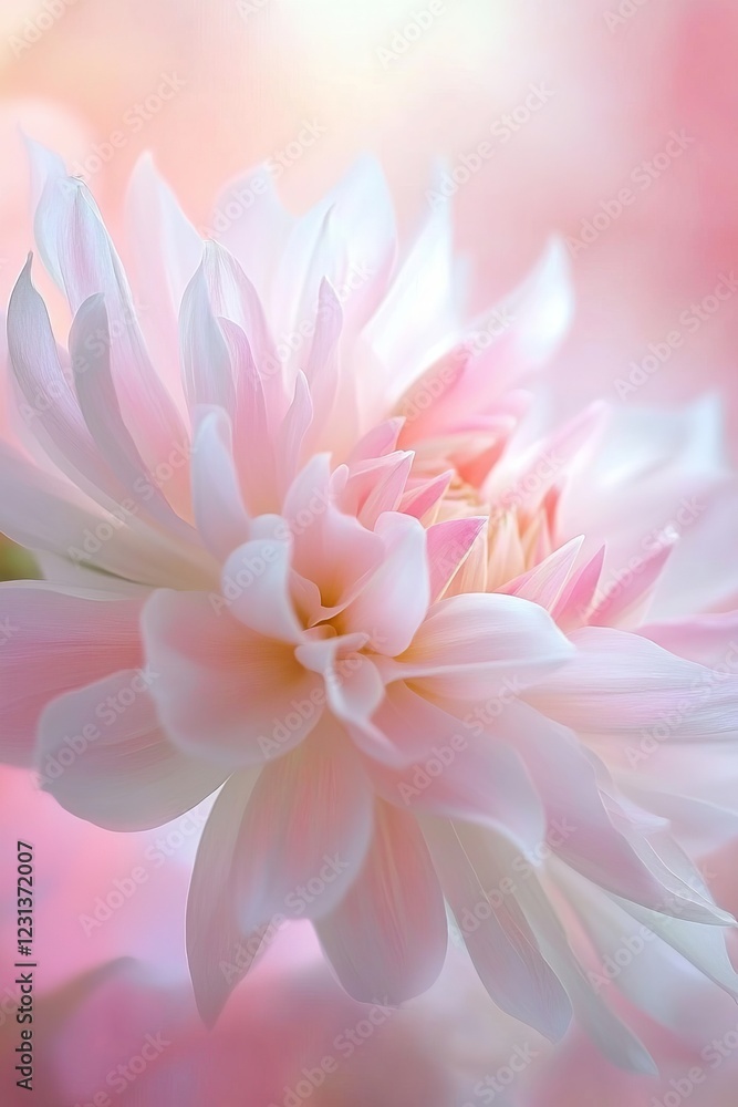 Fototapeta premium A stunning close-up of a pink dahlia flower showcasing its delicate petals and soft pastel colors, ideal for nature and floral-themed projects.