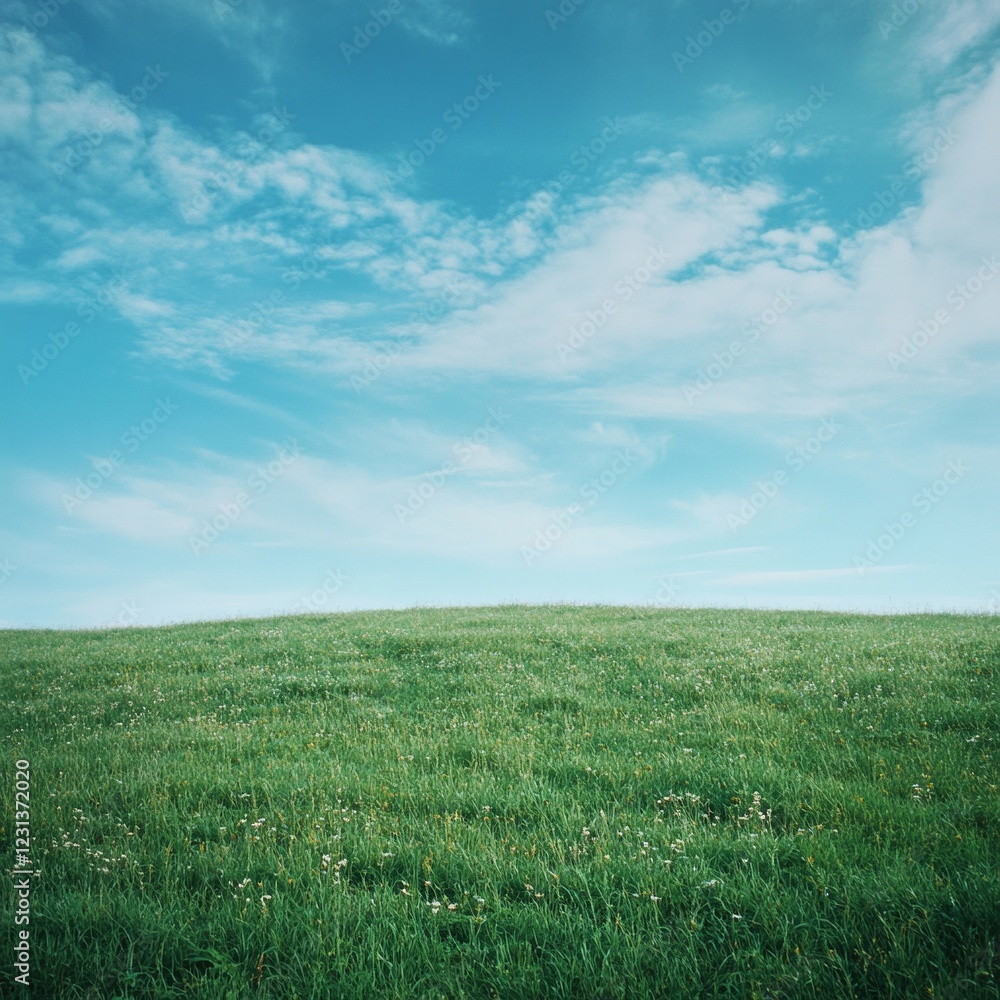 Fototapeta premium Serene Green Field under a Blue Sky: A Peaceful Nature Landscape