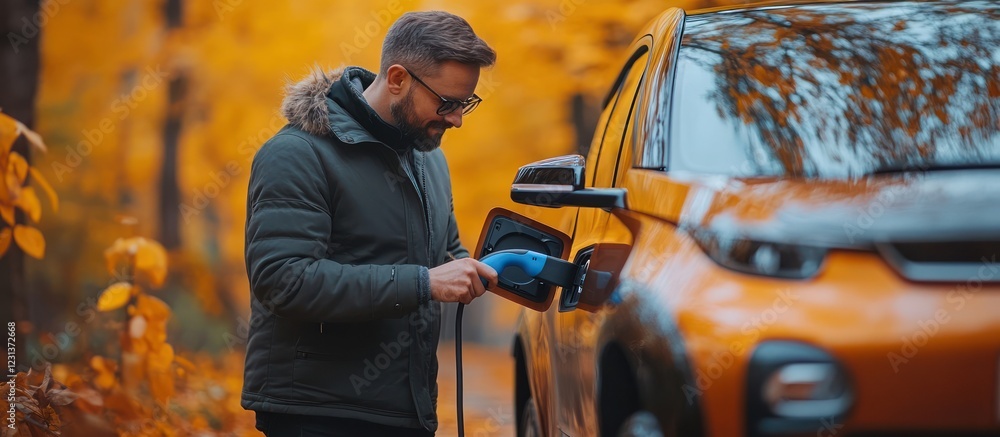 Man charges EV in autumn forest Man charges EV in autumn forest