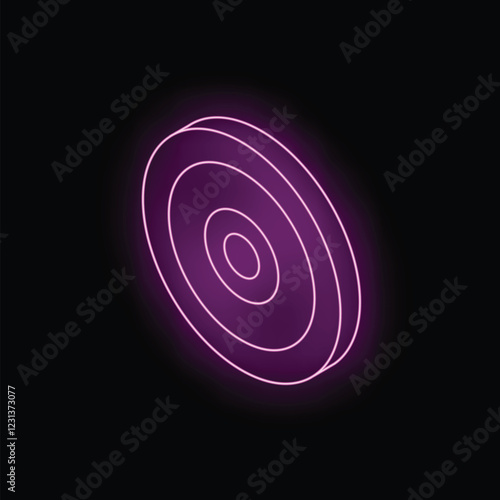 Glowing purple neon icon of a weight plate on a black background