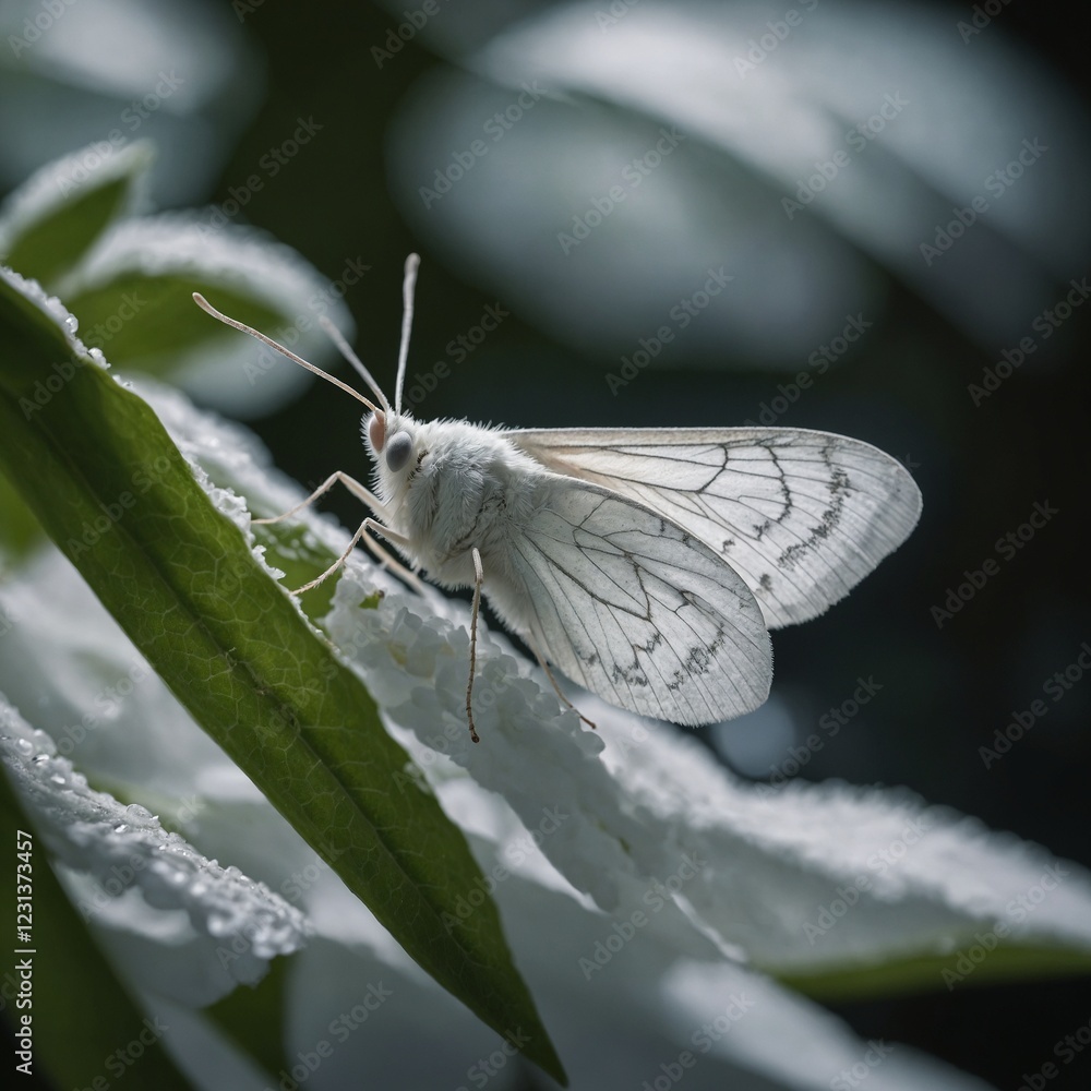 A stunning white moth perched on a luminous white leaf. A stunning white moth perched on a luminous white leaf.