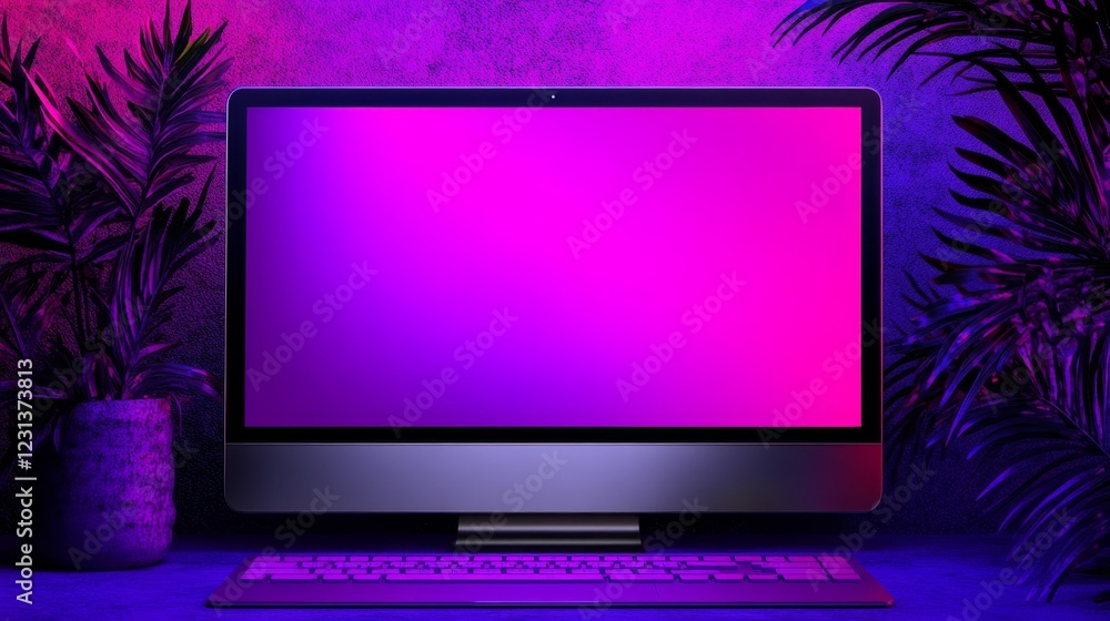 Vibrant Neon-Lit Computer Screen Flanked by Tropical Foliage Vibrant Neon-Lit Computer Screen Flanked by Tropical Foliage
