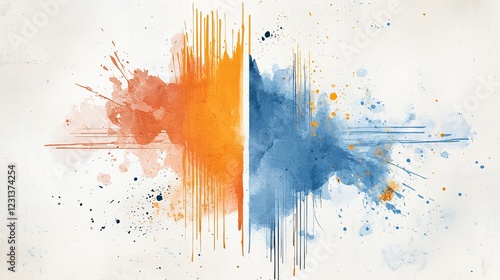 A vibrant watercolor abstract design featuring orange and blue sound waves, symbolizing energy and creativity.