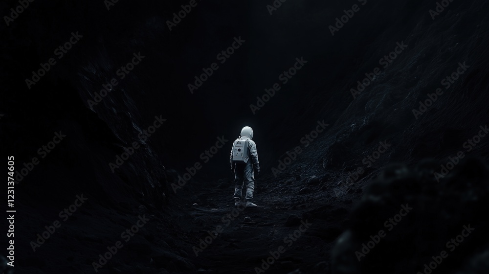 Obraz premium Surrounded by the bleak and ominous terrain of the dark moon, a lone astronaut watches in wonder as a spectral form rises from the shadows of an abandoned and barren lunar outpost