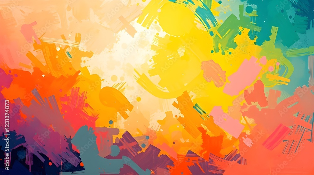 Obraz premium A vibrant explosion of colors combines shades of yellow, orange, pink, and blue in an abstract composition. Brushstrokes overlap, creating dynamic movement and energy. 