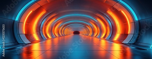 Futuristic Hallway Interior with Metallic Textures and Glowing Lights photo