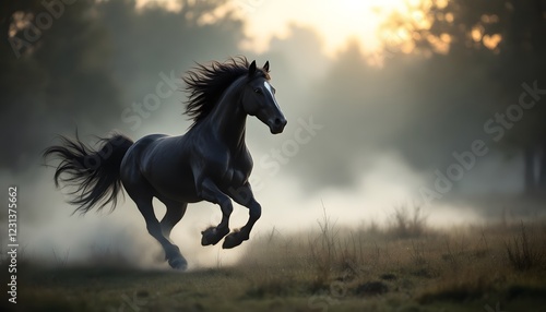 Black Horse Running Free at Sunset Dramatic Landscape Photography