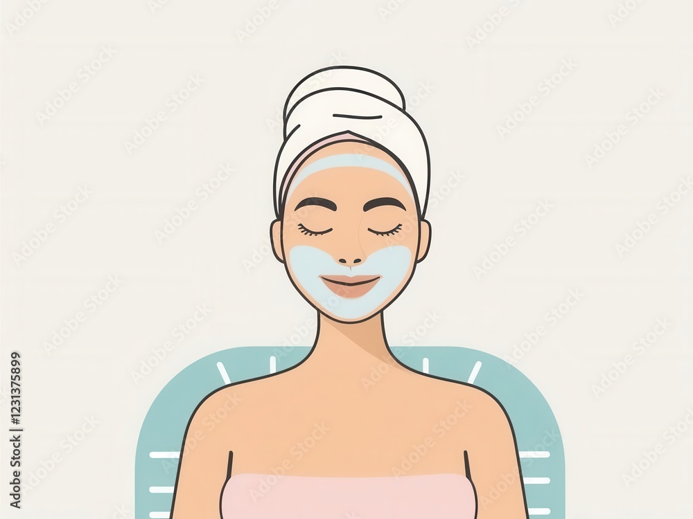 Flat design illustration of a woman enjoying a calming spa treatment with a face mask and towel wrap. Flat design illustration of a woman enjoying a calming spa treatment with a face mask and towel wrap.