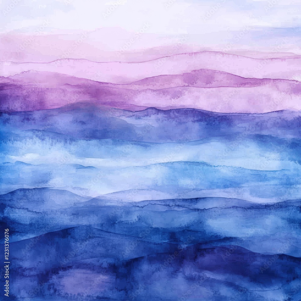 Fototapeta premium Abstract watercolor landscape painting with purple and blue hues depicting layered mountains or hills.