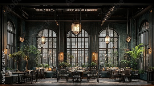 Luxurious dark restaurant interior, plants, city view
