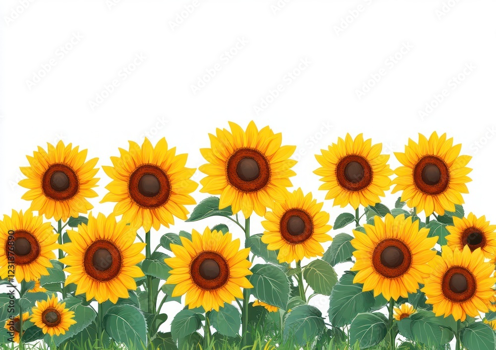 Fototapeta premium Sunflower Field Landscape Illustration Bright Yellow Petals Modern Minimalistic