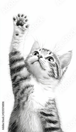 A playful kitten raises its paw, showcasing its curious expression and striped fur in a black and white setting. photo