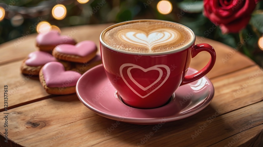 A close-up of a latte with a heart-shaped foam design in a red ceramic cup. The cup is placed on a wooden table with a small plate of heart-shaped cookies beside it. The background is softly blurred w A close-up of a latte with a heart-shaped foam design in a red ceramic cup. The cup is placed on a wooden table with a small plate of heart-shaped cookies beside it. The background is softly blurred w