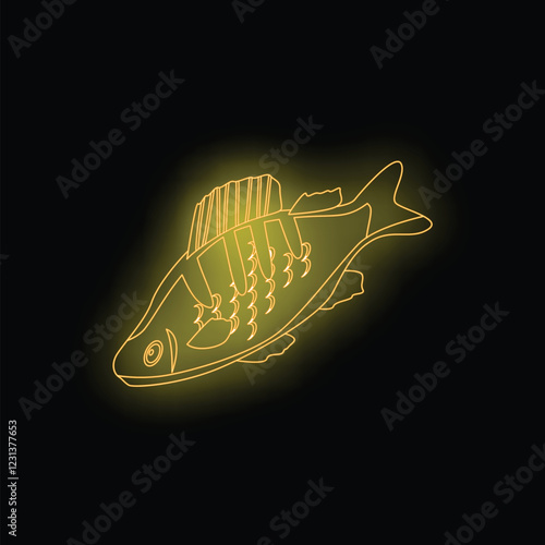 Neon yellow fish with fins and scales, glowing on dark background, creating a vibrant and eye catching image