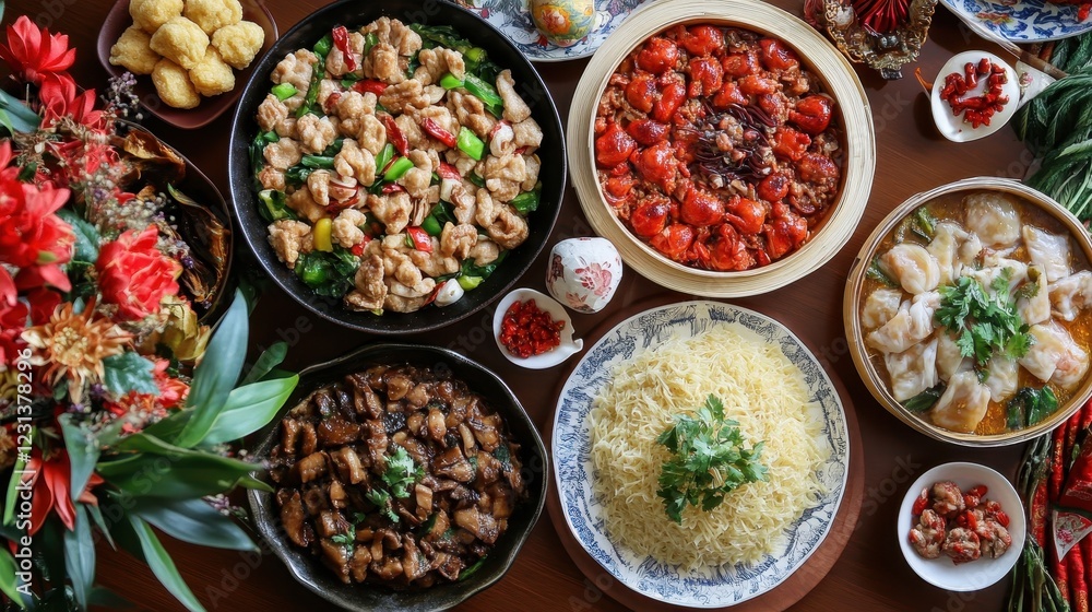Delicious array of traditional festive dishes on a table during a family gathering Delicious array of traditional festive dishes on a table during a family gathering
