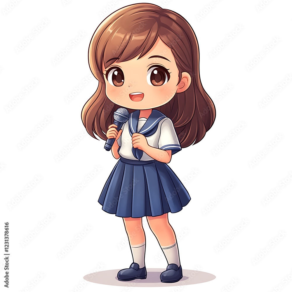 Singing with Confidence: A charming anime-style girl in a blue sailor uniform holds a microphone, beaming with joy and confidence. Singing with Confidence: A charming anime-style girl in a blue sailor uniform holds a microphone, beaming with joy and confidence.