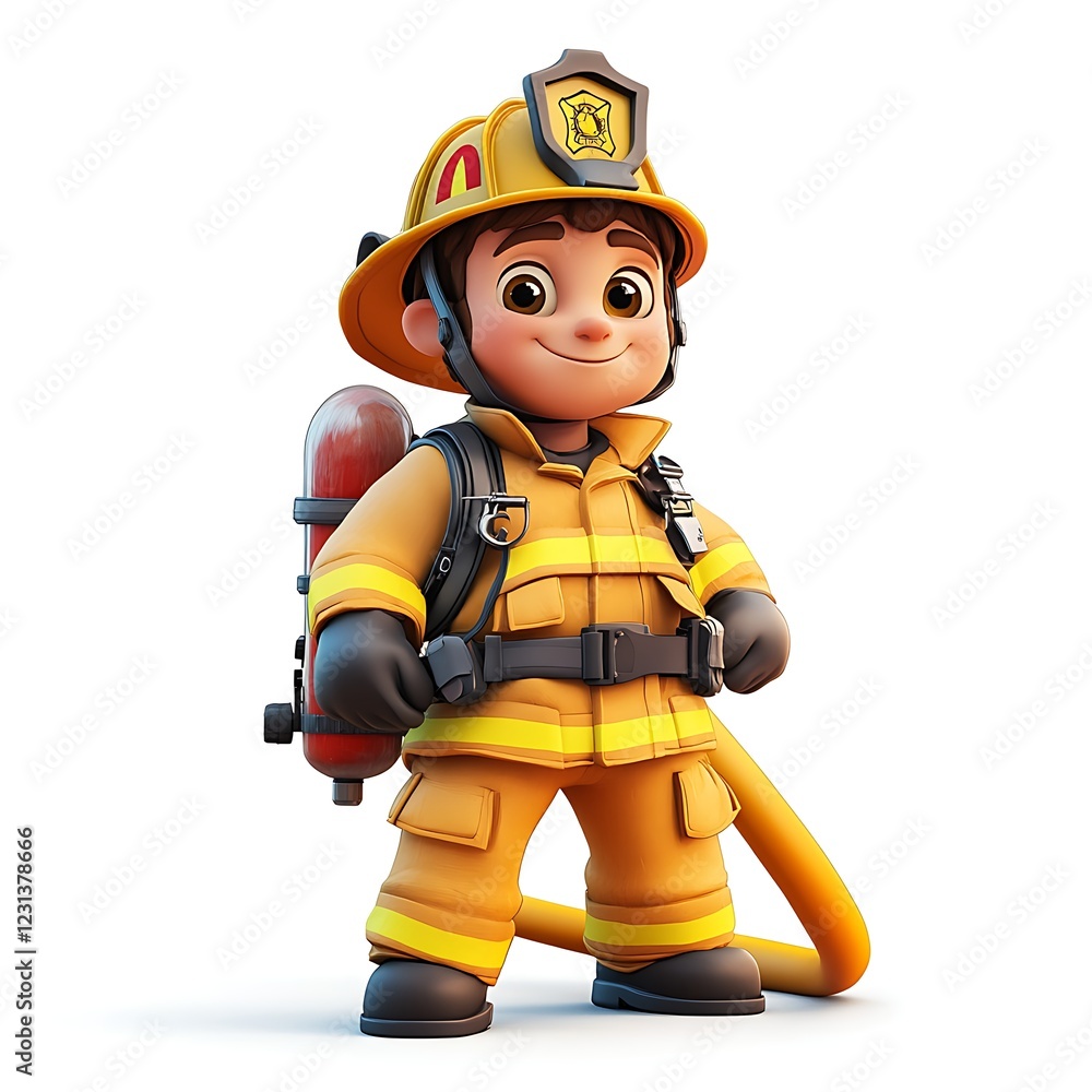 Brave Little Firefighter: An adorable 3D-rendered illustration of a smiling young firefighter, fully equipped and ready for action. This charming image is perfect for children's books. Brave Little Firefighter: An adorable 3D-rendered illustration of a smiling young firefighter, fully equipped and ready for action. This charming image is perfect for children's books.