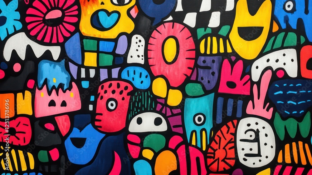 Fototapeta premium Colorful street art mural, vibrant shapes, city background, design texture