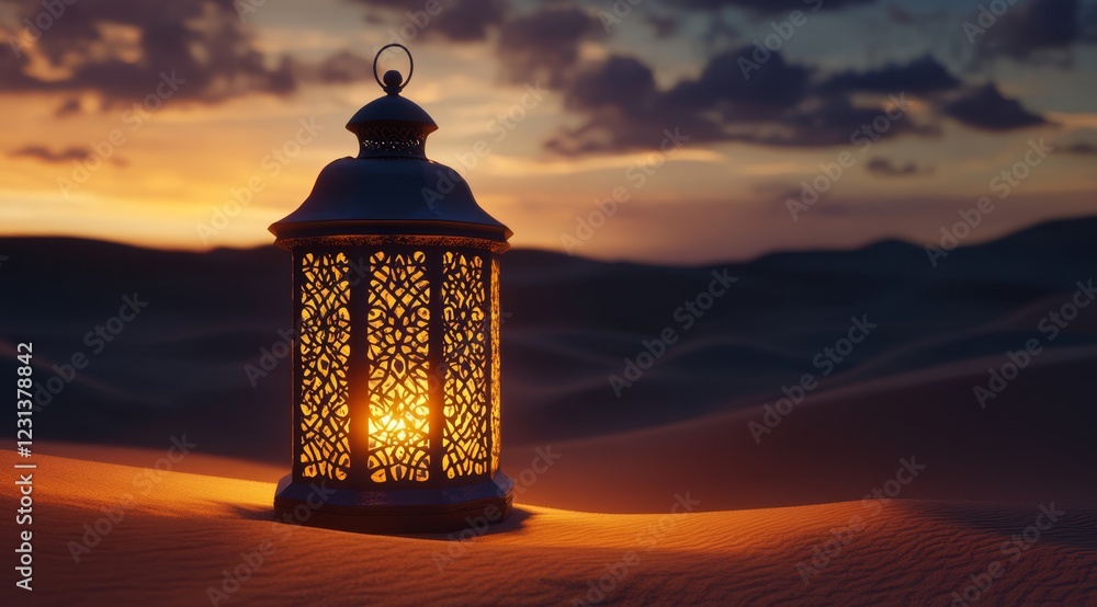 Illuminated lantern in desert at sunset. Illuminated lantern in desert at sunset.
