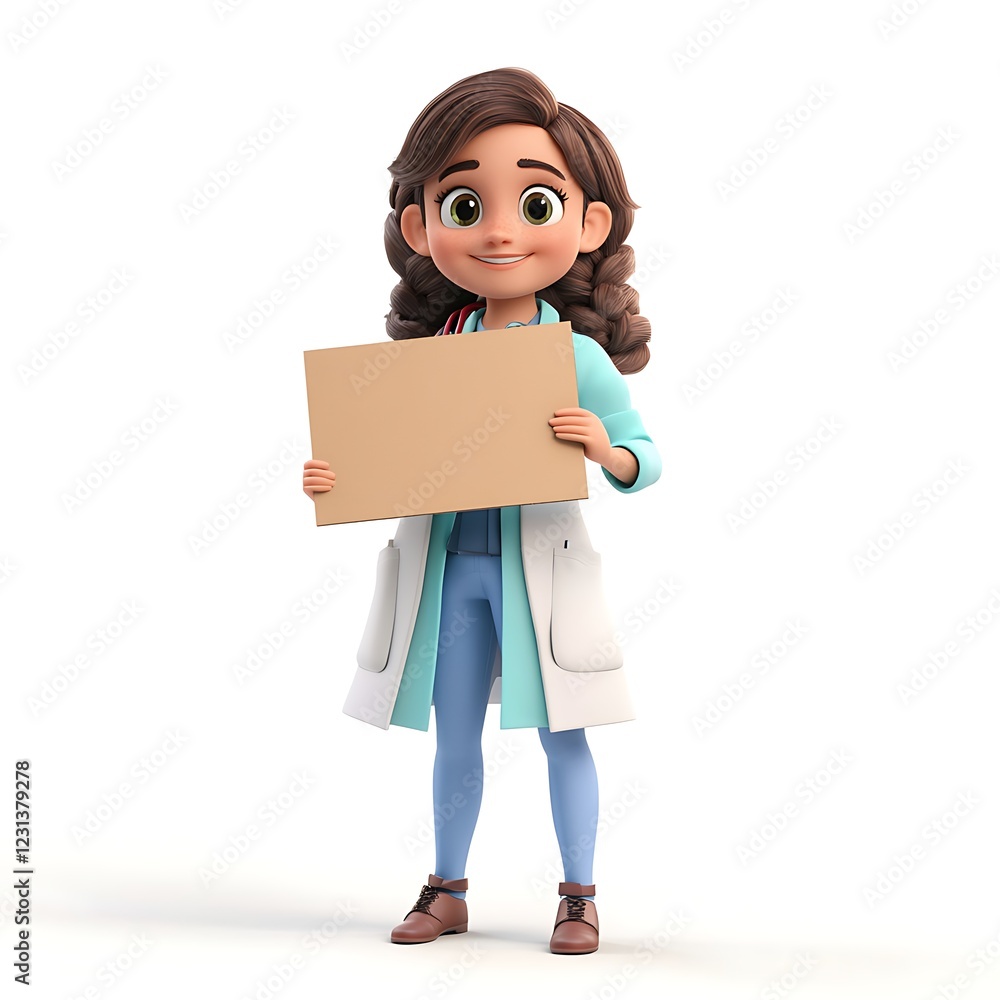 Smiling Cartoon Doctor Holding a Sign: An adorable 3D-rendered cartoon girl, dressed in a doctor's coat, holds a blank sign, perfect for adding your own message. Smiling Cartoon Doctor Holding a Sign: An adorable 3D-rendered cartoon girl, dressed in a doctor's coat, holds a blank sign, perfect for adding your own message.